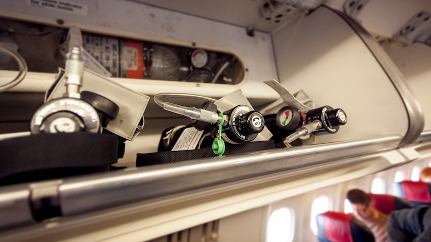 Closeup view of oxygen cylinders at aircraft