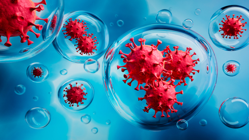 Coronavirus inside aerosol particles with blue background - 3D illustration