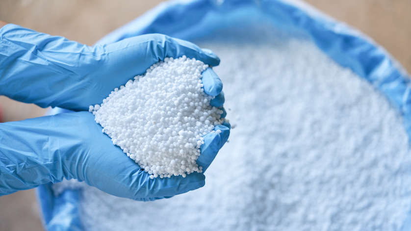 Abonos a base de urea en manos del investigador, para el estudio de la gestión de nutrientes y abonos.