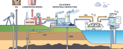 Esquema de descripción del sistema de captura, utilización y almacenamiento de carbono. Esquema didáctico etiquetado con inyección de gas CO2 subterránea en tubería de suelo ilustración vectorial. Solución de dióxido de emisión