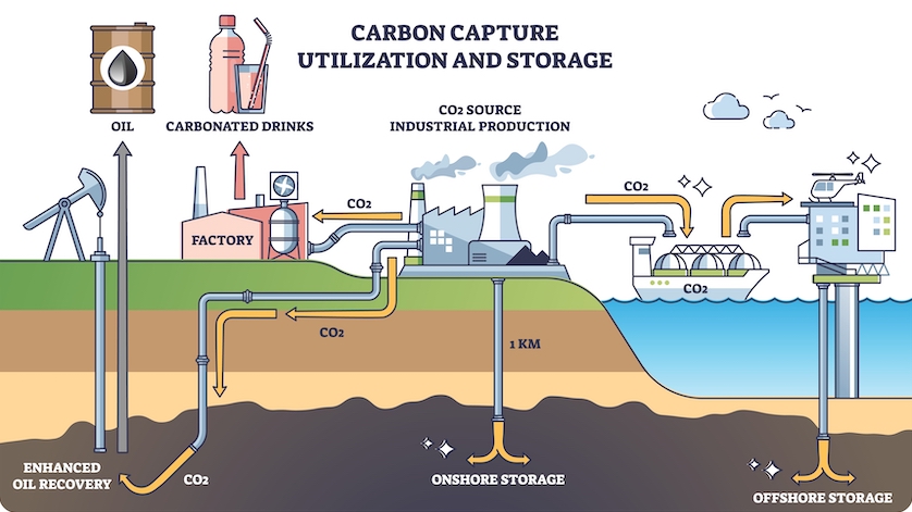 Esquema de descripción del sistema de captura, utilización y almacenamiento de carbono. Esquema didáctico etiquetado con inyección de gas CO2 subterránea en tubería de suelo ilustración vectorial. Solución de dióxido de emisión