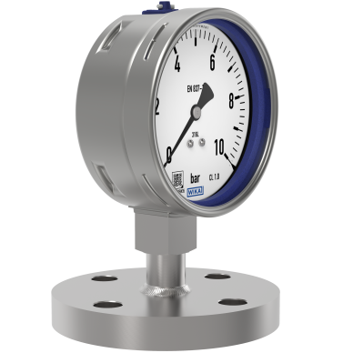 On a pressure gauge with a fully welded connecting flange, the socket is welded all around.